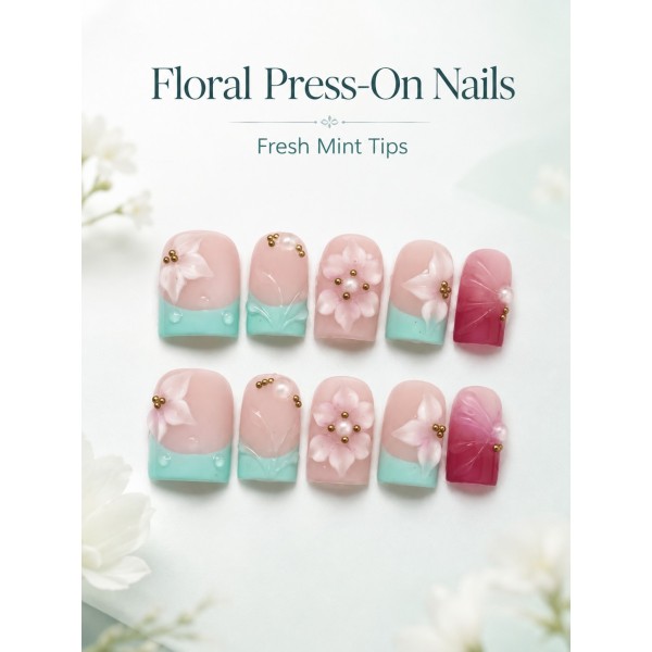 Gentle Pink‑Mint French 3D‑Floral Press‑On Nails, Short Square Handmade False Nails with Hand‑Painted Lotus Leaf, Pearls & Gold Beads